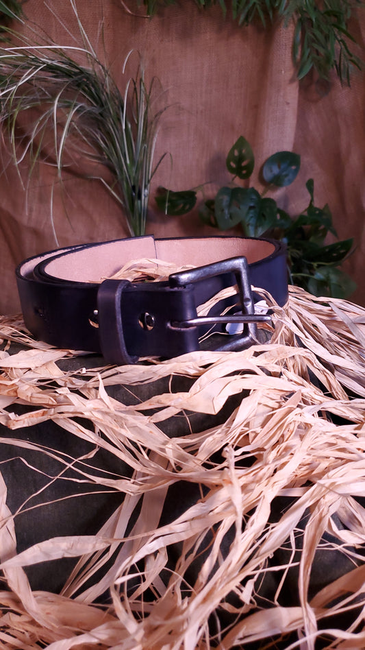 Black belt with an antique nickel buckle and matching hardware.
